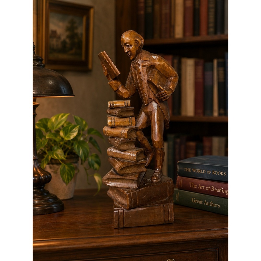 Hand Carved Wooden Scholar Reading Book Sculpture Professor Library Decor 9"